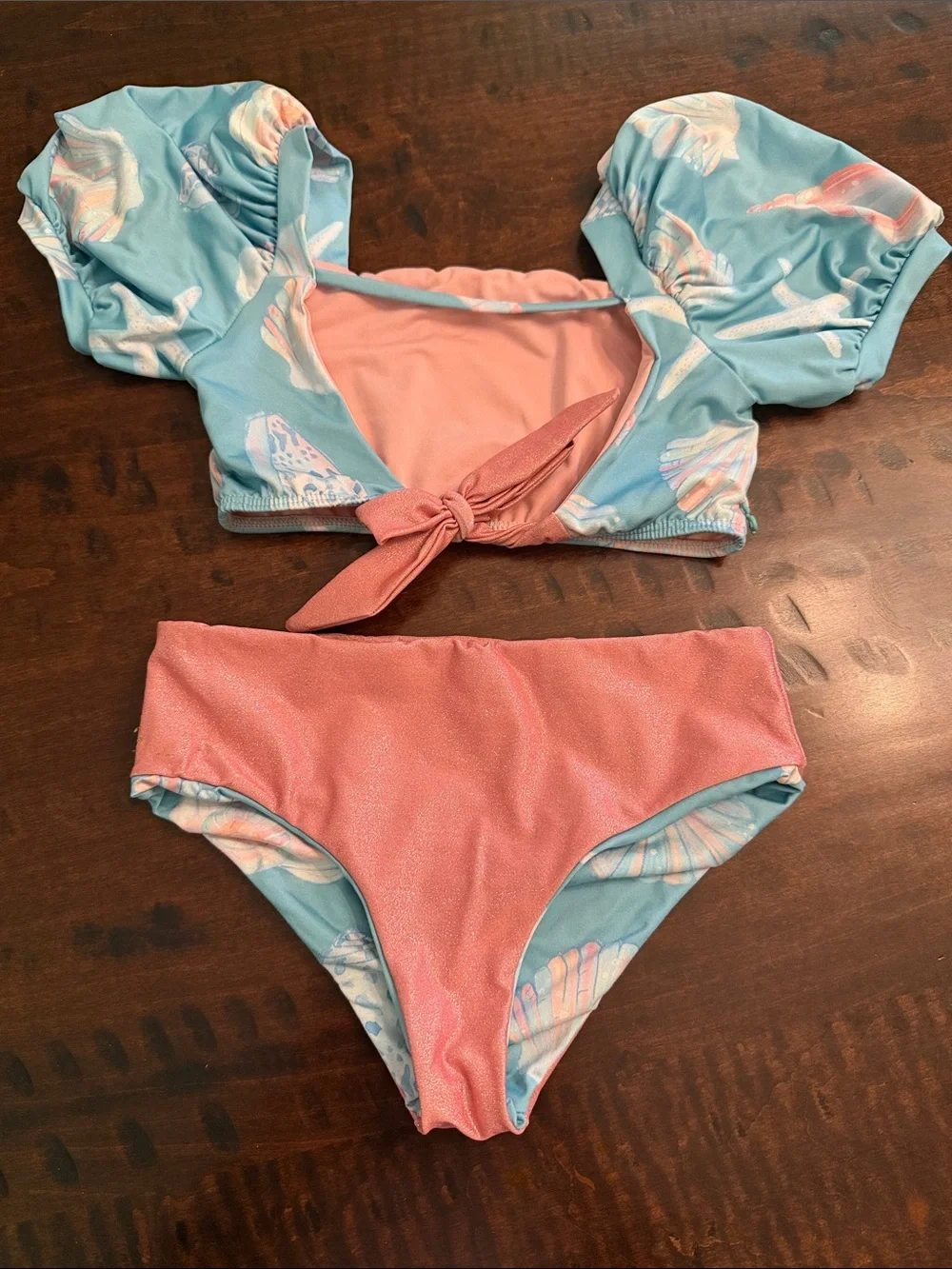 Girls Puff-Sleeve Two-Piece Swim Bikini in Light Blue with Coral Shell Print